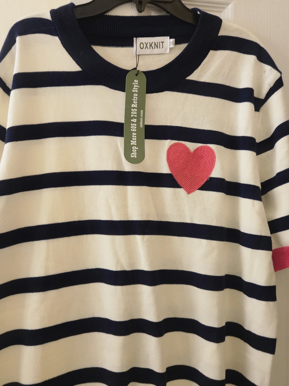 NWT Women's Navy & White Cotton Nautical Striped Sweater with Pink Heart 3X